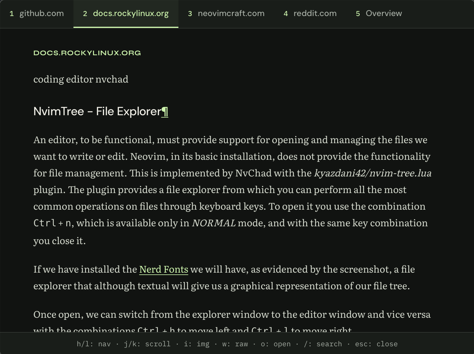 Rocky Linux's NvimTree documentation in Strafe's text-only reader.